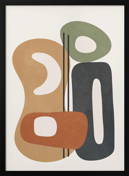 A modern abstract painting featuring a collection of overlapping organic shapes in muted tones of brown, terracotta, sage green, and dark gray. The shapes, which have rounded corners and internal cutouts, are arranged vertically on a cream-colored background, with two thin black lines dissecting the center. Wall Art