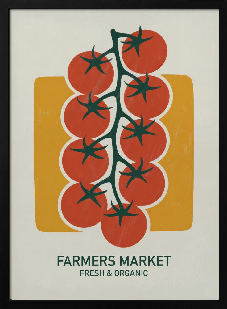 A vintage-style art print of bright red cherry tomatoes on a dark green vine, set against a mustard yellow rectangle on an off-white background. Below the image, text reads 'FARMERS MARKET' and 'FRESH & ORGANIC'. Decor