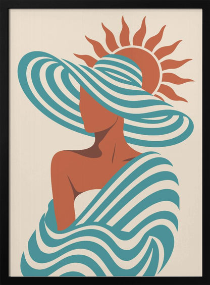 A minimalist art print of a faceless woman in a large, blue and white striped sun hat, wrapped in a matching striped shawl, with a stylized orange sun in the background against a cream-colored backdrop. Decor