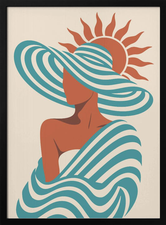 A minimalist art print of a faceless woman in a large, blue and white striped sun hat, wrapped in a matching striped shawl, with a stylized orange sun in the background against a cream-colored backdrop. Decor