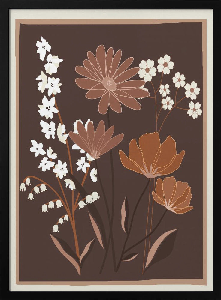 A minimalist floral illustration featuring a bouquet of stylized flowers in shades of brown, muted orange, and off-white, set against a dark chocolate brown background. The artwork is framed with a thin light brown and cream border. Decor