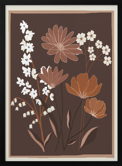 A minimalist floral illustration featuring a bouquet of stylized flowers in shades of brown, muted orange, and off-white, set against a dark chocolate brown background. The artwork is framed with a thin light brown and cream border. Decor