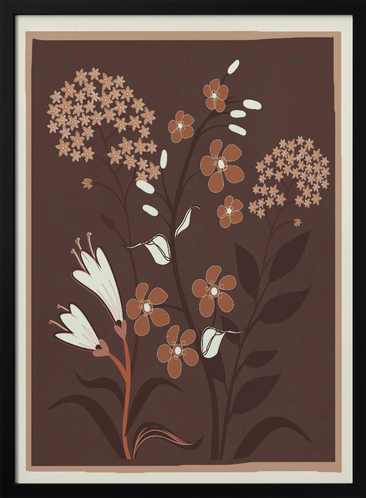 A modern botanical illustration featuring stylized flowers in shades of rust, cream, and light brown against a deep brown background. The framed artwork showcases a variety of floral shapes, including trumpet flowers and small clustered blossoms, in a simple, elegant composition. Artwork
