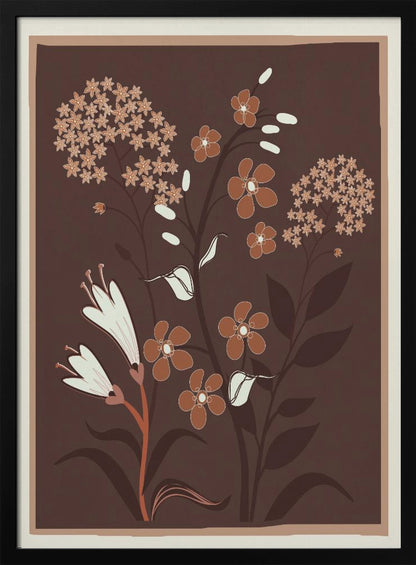 A modern botanical illustration featuring stylized flowers in shades of rust, cream, and light brown against a deep brown background. The framed artwork showcases a variety of floral shapes, including trumpet flowers and small clustered blossoms, in a simple, elegant composition. Artwork