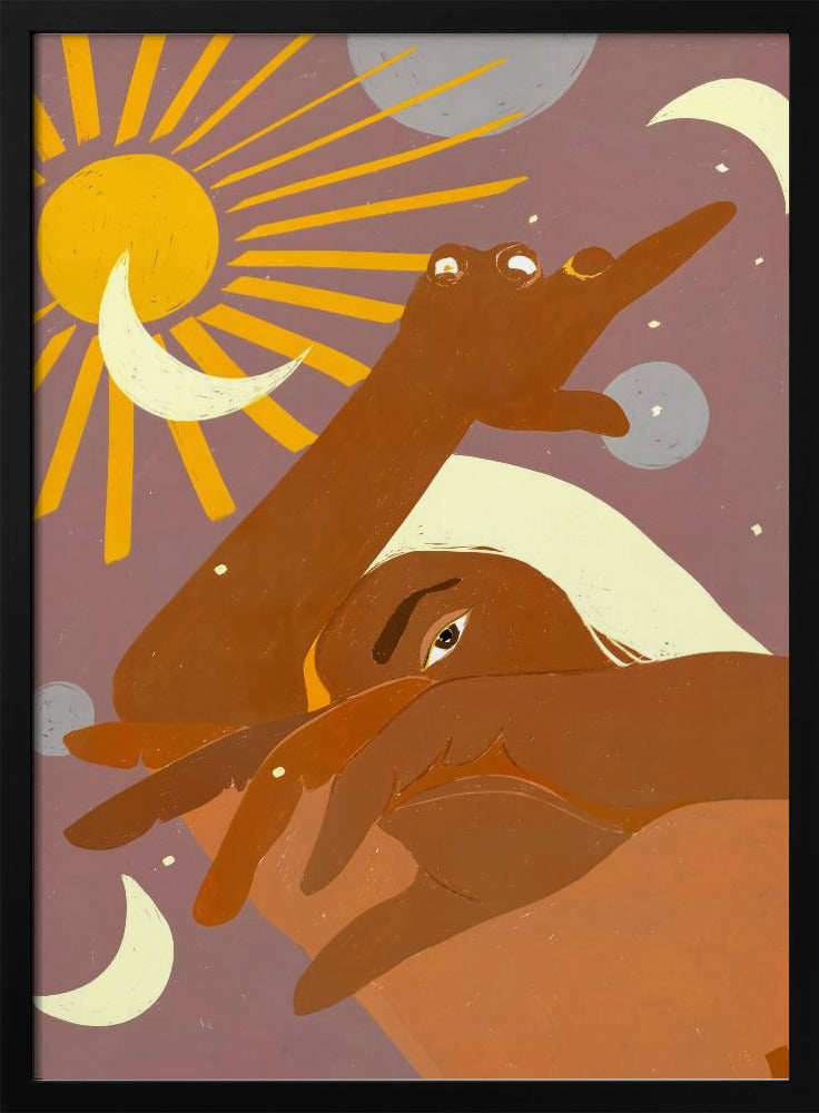 A stylized illustration of a brown-skinned person with light hair, partially obscuring their face. One arm reaches towards a radiant yellow sun, surrounded by crescent moons and planets against a dusky purple sky, creating a celestial and introspective scene. Artwork