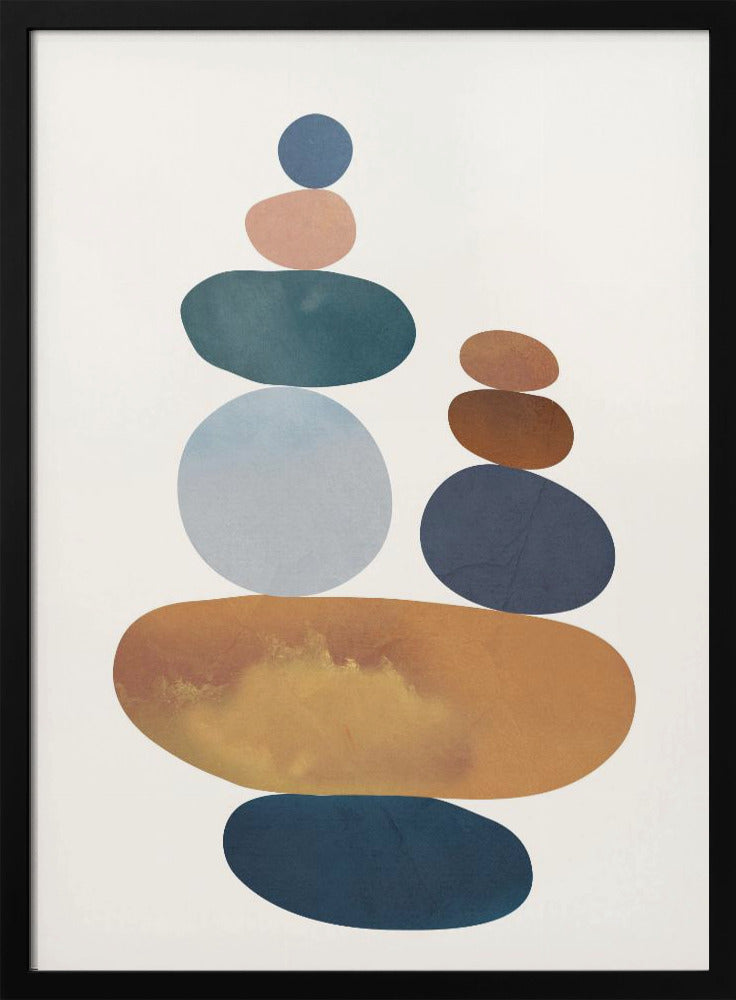 A minimalist abstract painting of two stacks of colorful, smooth stones balanced on top of each other. The color palette includes shades of blue, orange, brown, and pink against a light-colored background, enclosed in a black frame. Print