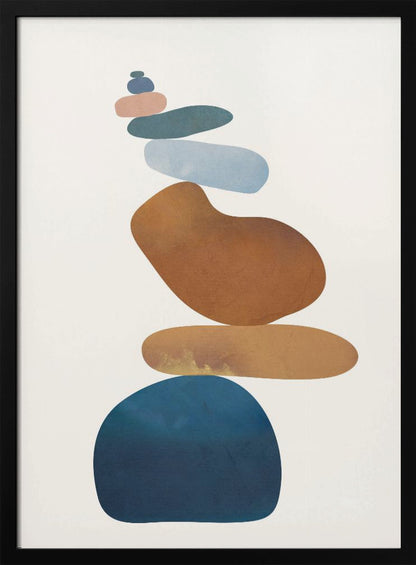 A minimalist abstract painting in a black frame, featuring a precarious stack of colorful, smooth, organic shapes resembling stones against a cream background. The colors range from a large dark blue at the base to brown, ochre, light blue, teal, and pink at the top. Poster