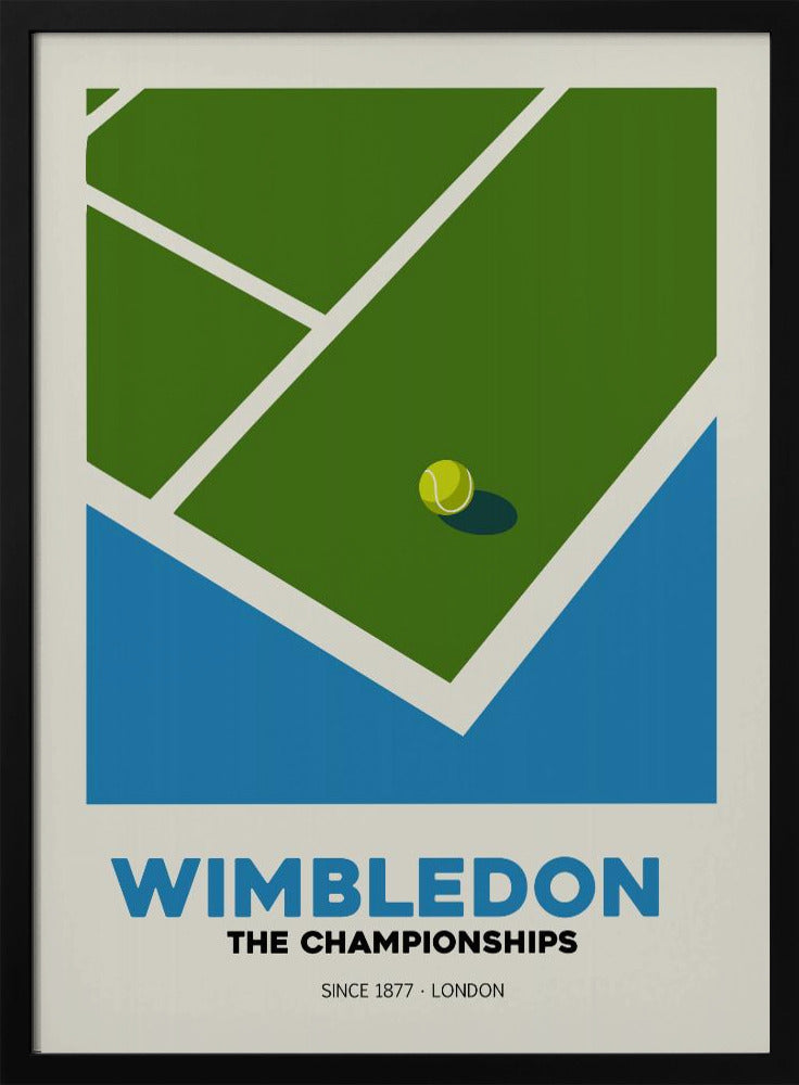 A minimalist art poster for the Wimbledon tennis championships. It features a stylized, high-angle view of a green grass court with white lines and a single tennis ball. The poster has text at the bottom that reads 'WIMBLEDON THE CHAMPIONSHIPS SINCE 1877 - LONDON' in blue and black font against a cream background. Poster