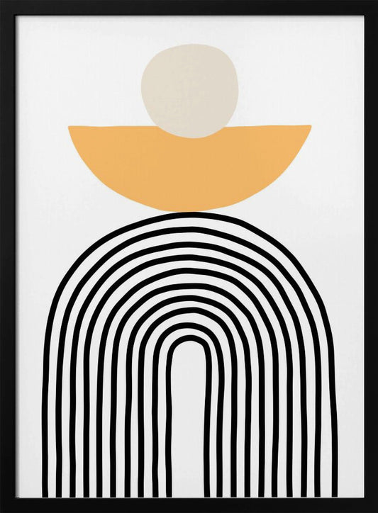 A minimalist abstract art print in a black frame, featuring a hand-drawn black rainbow shape at the bottom, topped with a mustard yellow semi-circle and a light beige circle against a white background. Poster