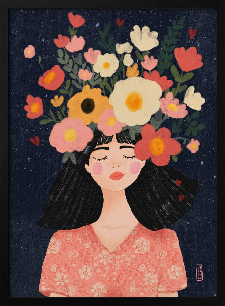 A stylized illustration of a woman with closed eyes and a peaceful smile. Her long black hair is topped with a vibrant crown of flowers in shades of pink, red, yellow, and white against a dark blue, starry background. Wall Art