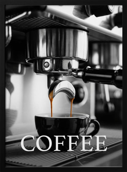 A selective color, black and white close-up photograph of an espresso machine pouring two streams of rich brown espresso into a black coffee cup. The word 'COFFEE' is overlaid in large white capital letters at the bottom of the image. Poster
