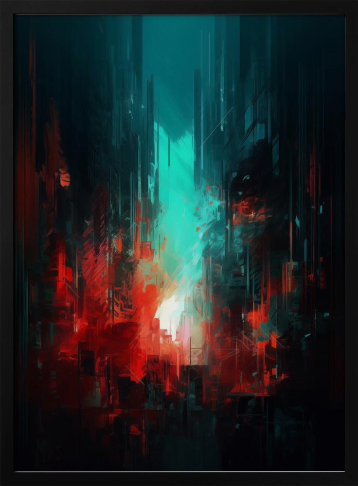 An abstract digital painting of a futuristic city. Tall, dark vertical shapes resembling skyscrapers are contrasted by a glowing teal light in the center and vibrant, chaotic red brushstrokes in the foreground, creating a moody and dramatic urban scene. Print
