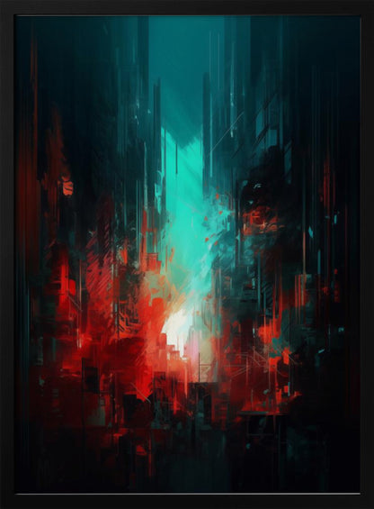 An abstract digital painting of a futuristic city. Tall, dark vertical shapes resembling skyscrapers are contrasted by a glowing teal light in the center and vibrant, chaotic red brushstrokes in the foreground, creating a moody and dramatic urban scene. Print
