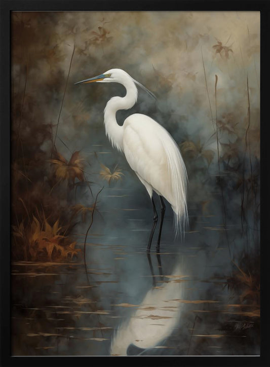 A realistic painting of a majestic white egret standing elegantly in still, dark water. Its reflection is cast below it, and the background is a moody, atmospheric marsh with muted brown and grey tones. The artwork is presented in a simple black frame. Decor