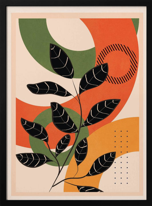 An abstract art print featuring a stylized black branch with leaves against a background of geometric shapes in orange, green, and cream. The shapes include circles and curves, with dot and line patterns adding texture. Wall Art