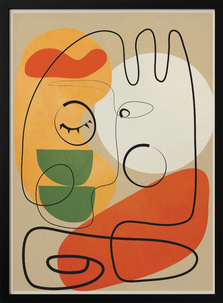 A modern abstract artwork featuring a single continuous black line that forms two stylized faces against a beige background. The composition includes colorful organic shapes in orange, yellow, green, and a large white circle, creating a minimalist and surreal feel. Wall Art