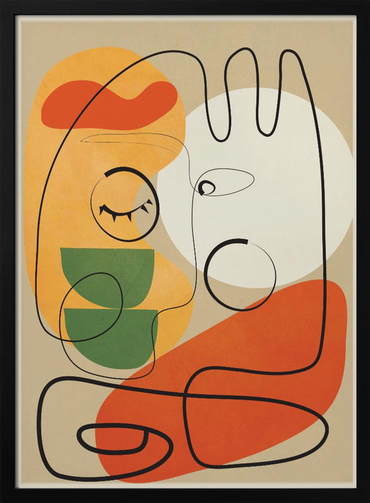 A modern abstract artwork featuring a single continuous black line that forms two stylized faces against a beige background. The composition includes colorful organic shapes in orange, yellow, green, and a large white circle, creating a minimalist and surreal feel. Wall Art