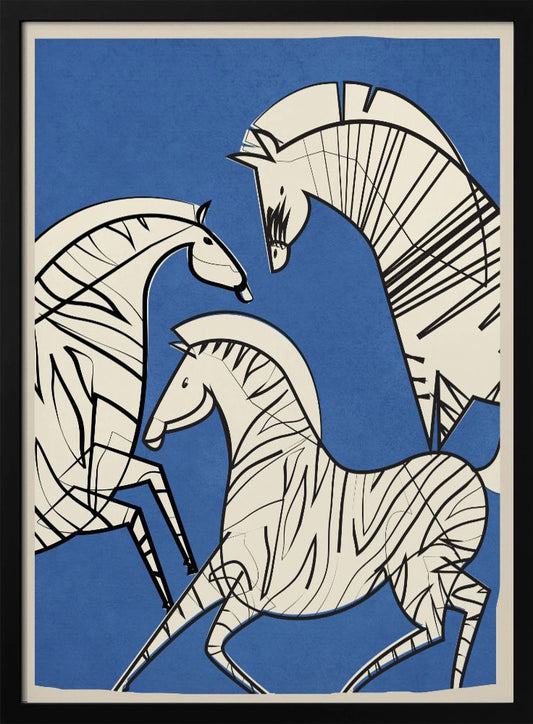 A modern, graphic illustration of three stylized zebras against a bold blue background. The zebras are off-white with thick black outlines and stripes, creating a dynamic and abstract composition. The artwork is presented within a simple black frame. Decor