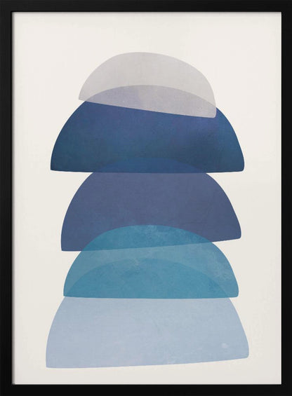 An abstract art print in a black frame, featuring a vertical stack of five semi-circular, dome-like shapes against an off-white background. The shapes are in various shades of blue and gray and have a translucent, overlapping quality, creating a sense of depth and balance. Artwork