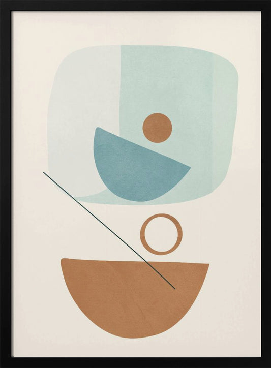 A minimalist abstract art print in a black frame, featuring a vertical composition of geometric shapes. On a cream background, a large brown semi-circle sits at the bottom below a brown ring. Above, a blue semi-circle is placed on a light blue irregular shape with a brown circle floating on top. A thin black diagonal line intersects the image. Wall Art