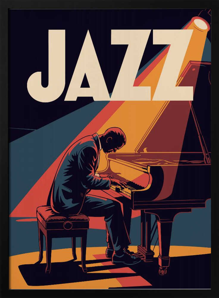 A vintage-style graphic poster featuring a man in a suit playing a grand piano under a spotlight. The word 'JAZZ' is written in large, bold, cream-colored letters at the top against a dark blue background. The color palette is dominated by navy blue, orange, red, and cream, creating a warm and dramatic atmosphere. Wall Art