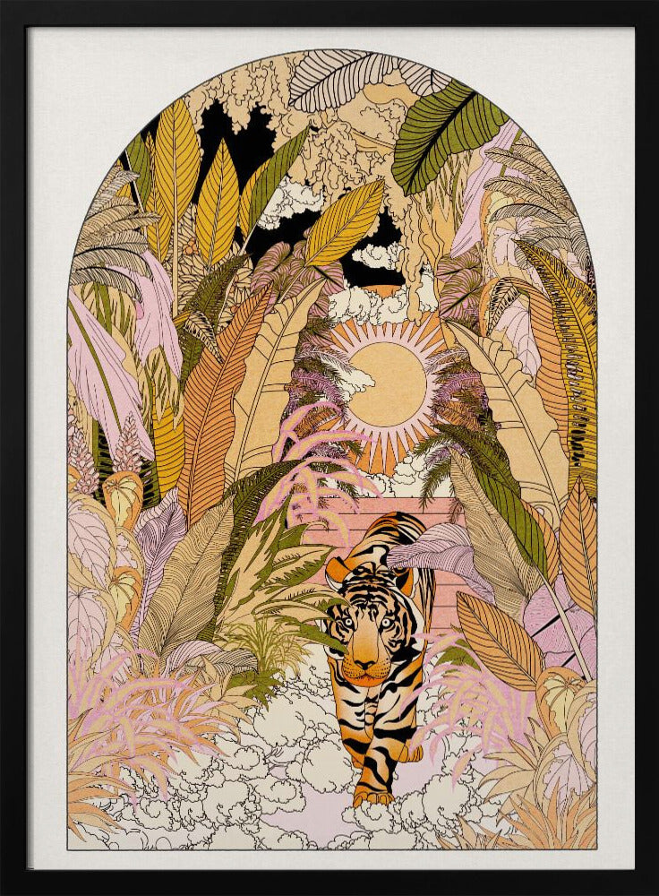 A stylized illustration within an arched frame showing a tiger emerging from a dense, colorful jungle. The foliage is rendered in shades of pink, yellow, orange, and green. In the background, a radiant sun is setting or rising, and the tiger is walking towards the viewer on a bed of white clouds. Print