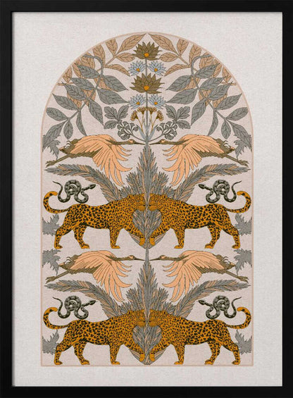 A vintage-style symmetrical illustration within a black frame, featuring mirrored pairs of leopards, snakes, and birds arranged vertically amidst stylized foliage and flowers, rendered in a muted palette of orange, sage green, and cream. Print