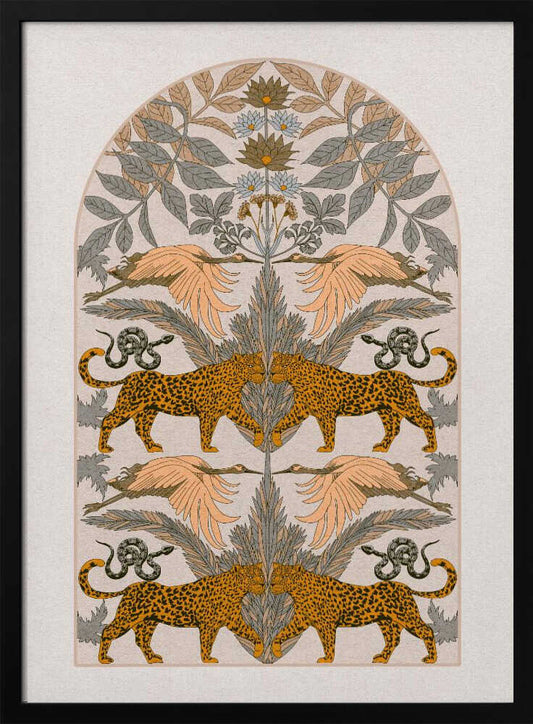 A vintage-style symmetrical illustration within a black frame, featuring mirrored pairs of leopards, snakes, and birds arranged vertically amidst stylized foliage and flowers, rendered in a muted palette of orange, sage green, and cream. Print