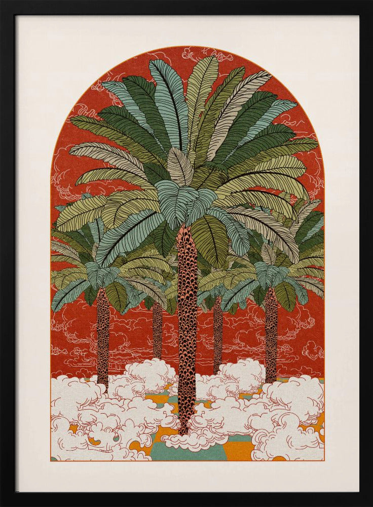 A vintage-style illustration in an arched format, featuring a grove of tall palm trees with detailed green fronds rising from a sea of stylized white clouds against a vibrant red-orange background. Print