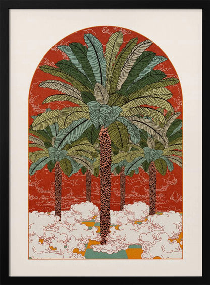 A vintage-style illustration in an arched format, featuring a grove of tall palm trees with detailed green fronds rising from a sea of stylized white clouds against a vibrant red-orange background. Print