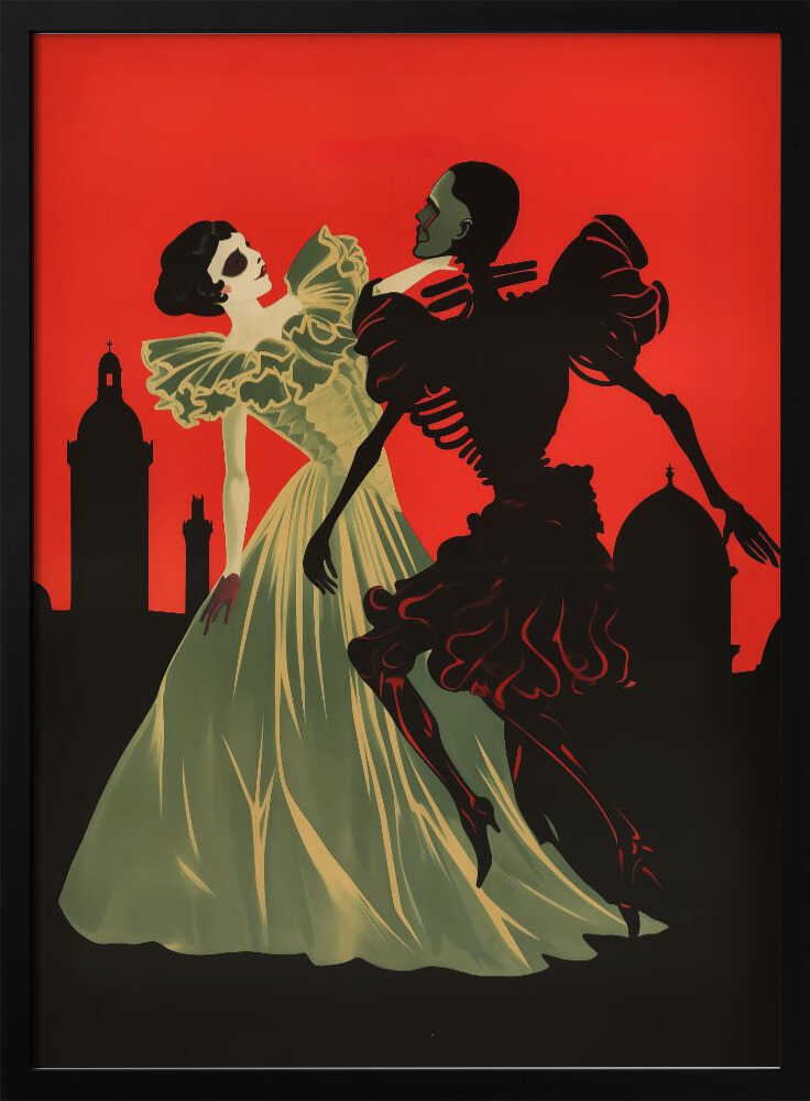 An Art Deco style illustration of a pale woman in a light green ball gown dancing with a black skeleton against a vibrant red sky. A black silhouette of a city skyline with domes and towers is visible in the background. Print