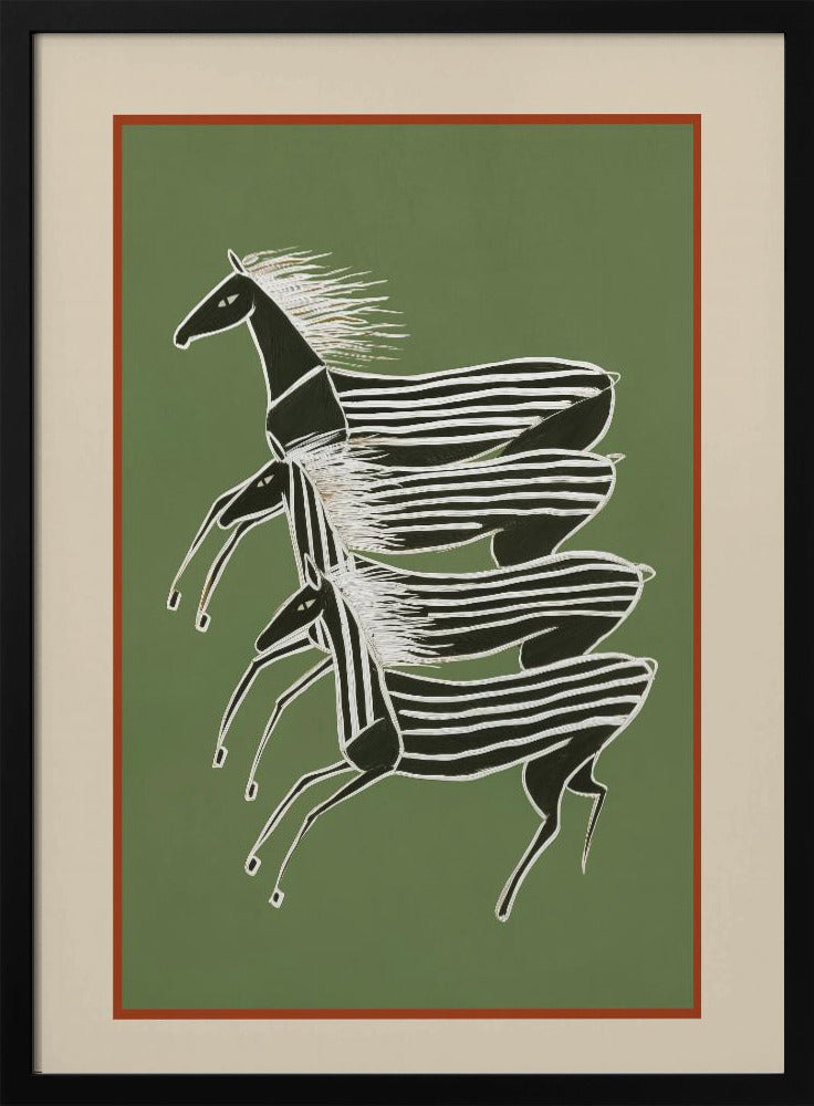 A stylized art print of three zebras running in a vertical formation against a sage green background. The zebras are black with white stripes and flowing white manes, depicted in a dynamic, graphic style. The print is framed with a terracotta and beige mat within a black frame. Poster