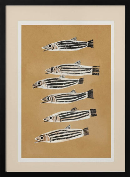 A framed art print featuring six stylized, black and white striped fish arranged in a vertical column against a tan background. The fish are all facing left with their mouths slightly open. Poster