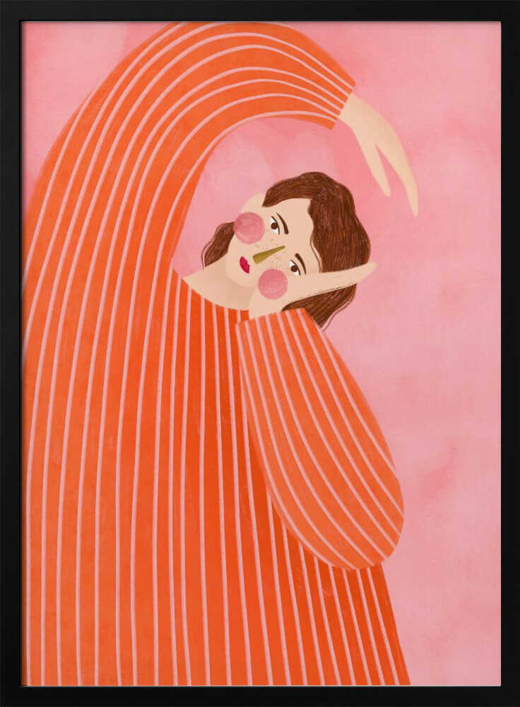 Stylized illustration of a person in a striped orange sweater stretching against a pink background.