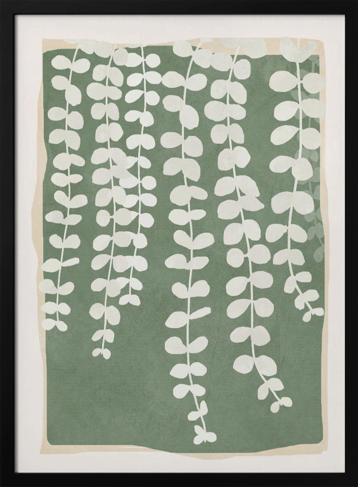 A modern botanical art print featuring stylized white hanging vines cascading down against a solid sage green rectangular background. The green background has a soft, irregular border, layered over a light beige mat, all enclosed in a simple black frame. Artwork