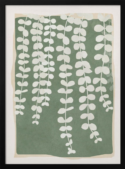 A modern botanical art print featuring stylized white hanging vines cascading down against a solid sage green rectangular background. The green background has a soft, irregular border, layered over a light beige mat, all enclosed in a simple black frame. Artwork