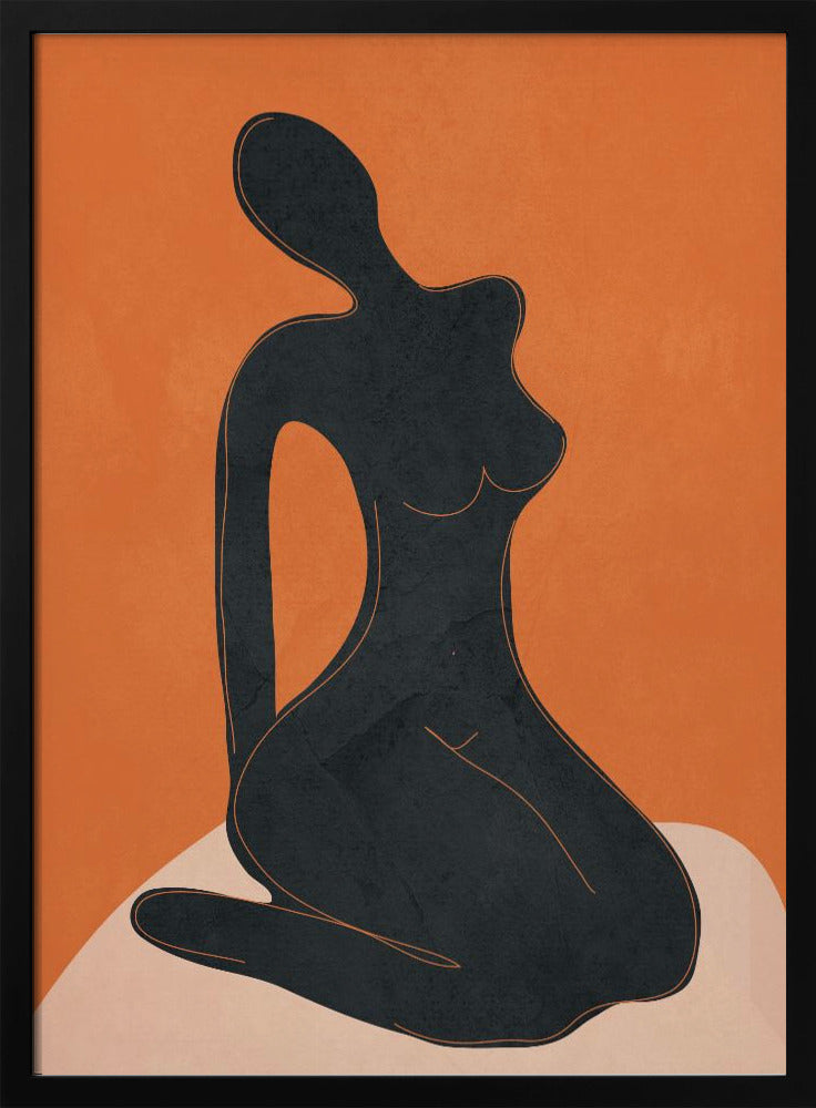 A minimalist abstract art piece featuring a solid black silhouette of a seated female figure against a textured, bold orange background. The figure is posed gracefully, sitting on a light beige, curved surface. The entire piece is enclosed in a simple black frame. Print