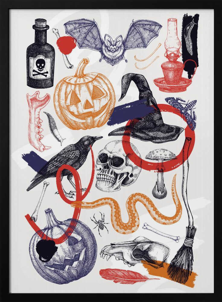 A vintage-style Halloween collage featuring hand-drawn illustrations of spooky elements. Included are jack-o'-lanterns, a witch's hat, a human skull, a crow, a bat, a poison bottle, bones, and a snake. The art uses a limited color palette of black, orange, red, and blue on a white background, with a sketch and cross-hatching style. Artwork