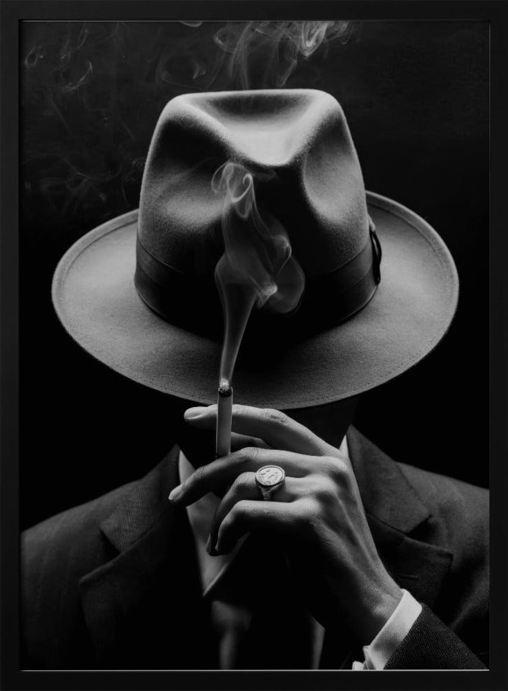 A dramatic black and white portrait of a person in a suit and fedora, their face obscured by the hat's shadow as they hold a lit cigarette with smoke curling upwards. Decor
