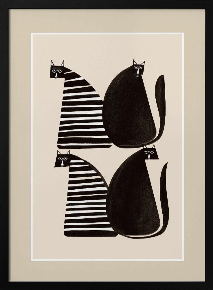 A modern graphic art print of four stylized cats against a light beige background, enclosed in a white and beige mat and a black frame. The cats are arranged in two pairs; each pair consists of one solid black, rounded cat and one cat with a triangular body featuring black and white horizontal stripes. Decor