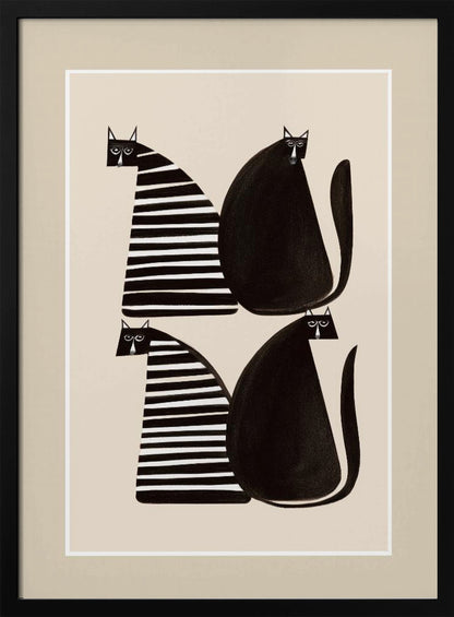 A modern graphic art print of four stylized cats against a light beige background, enclosed in a white and beige mat and a black frame. The cats are arranged in two pairs; each pair consists of one solid black, rounded cat and one cat with a triangular body featuring black and white horizontal stripes. Decor