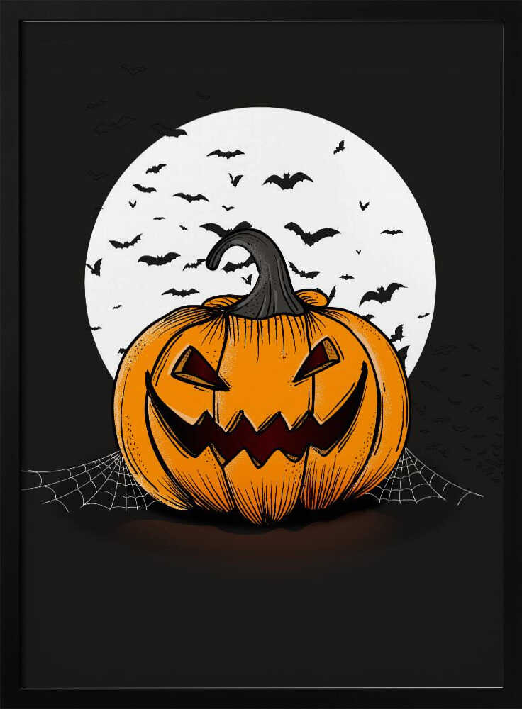 An illustration of a grinning orange jack-o'-lantern sitting in front of a large white full moon. A swarm of black bat silhouettes flies across the moon and the dark night sky. A spiderweb is visible on the ground next to the pumpkin. Poster