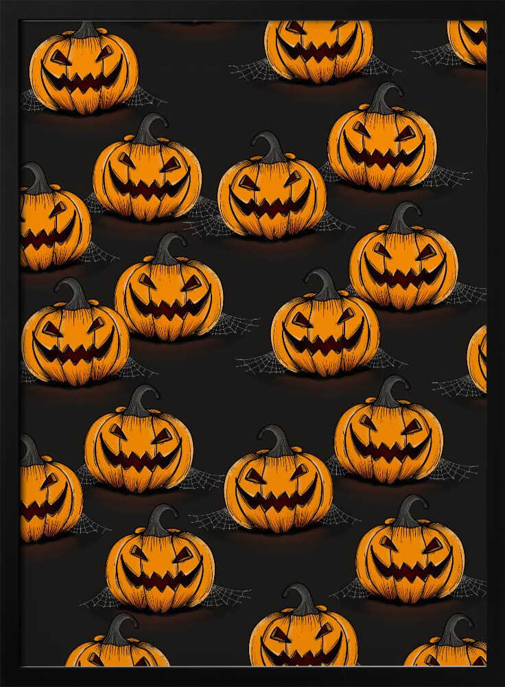 A framed poster featuring a repeating pattern of cartoonish, grinning jack-o'-lanterns on a solid black background. Each orange pumpkin has a sinister smile, triangular eyes, and a dark, curved stem. Faint spiderwebs are visible behind some of the pumpkins, adding to the spooky Halloween theme. Poster