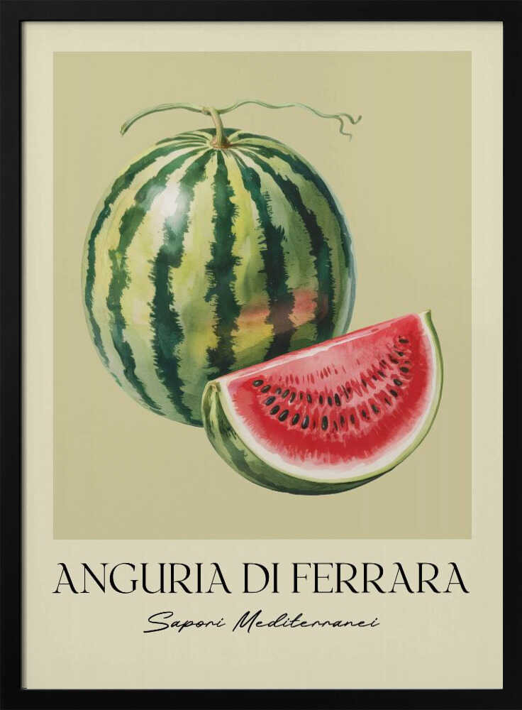A vintage-style food poster in a black frame, featuring a detailed illustration of a whole striped watermelon and a cut slice showing its red flesh and black seeds. The background is a pale cream-green. Below the fruit, the text reads 'ANGURIA DI FERRARA' and 'Sapori Mediterranei'. Print