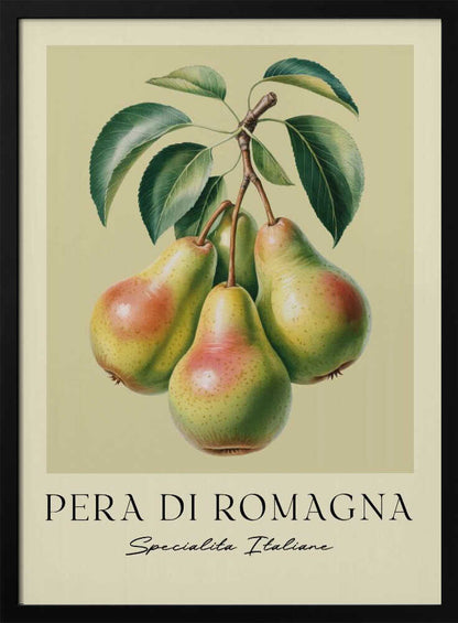 A vintage botanical art print of four 'Pera di Romagna' pears hanging from a leafy branch against a pale greenish-yellow background. Below the fruit, the text reads 'PERA DI ROMAGNA' and 'Specialita Italiane'. The print is displayed in a black frame. Decor