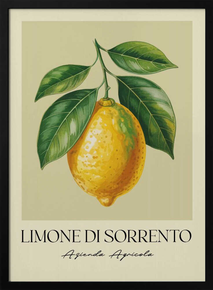 A vintage-style art print featuring a detailed illustration of a large yellow Sorrento lemon hanging from a branch with several green leaves. The background is a solid cream color. Below the image, the text 'LIMONE DI SORRENTO' is printed in a black serif font, with 'Azienda Agricola' underneath in a script font. The entire print is framed in a simple black frame. Poster