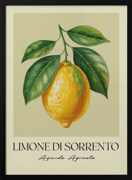 A vintage-style art print featuring a detailed illustration of a large yellow Sorrento lemon hanging from a branch with several green leaves. The background is a solid cream color. Below the image, the text 'LIMONE DI SORRENTO' is printed in a black serif font, with 'Azienda Agricola' underneath in a script font. The entire print is framed in a simple black frame. Poster