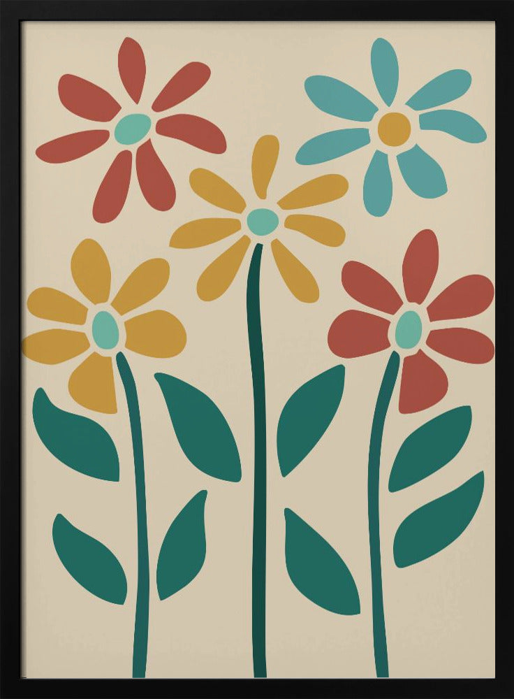 A retro-style art print of five colorful, stylized flowers against a cream-colored background, inside a thin black frame. The flowers, resembling daisies, are colored red, yellow, and light blue with thick, dark teal stems and leaves. Poster