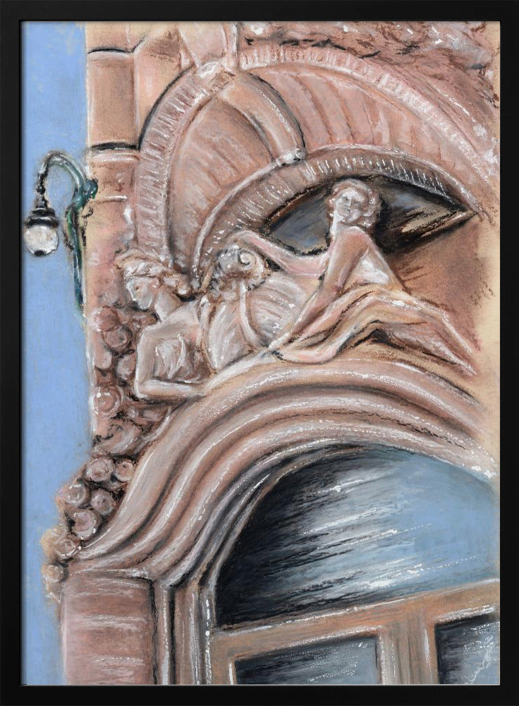 A pastel drawing of an ornate architectural detail on a building facade, featuring elaborate carvings above an arched window. The carvings depict classical female figures in flowing drapery, rendered in warm pink and brown tones against a light blue sky. A vintage-style street lamp is visible to the left. Wall Art