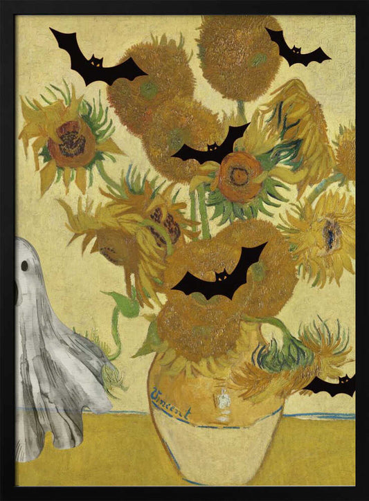 A humorous Halloween-themed parody of Vincent van Gogh's 'Sunflowers' painting. The famous artwork of yellow sunflowers in a vase is decorated with black bat silhouettes and a white sheet ghost peeking into the frame from the left. Artwork